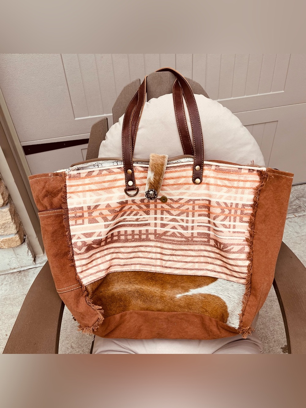 Myra Bag Rustic Brown & Cream Cowhide Canvas Tote